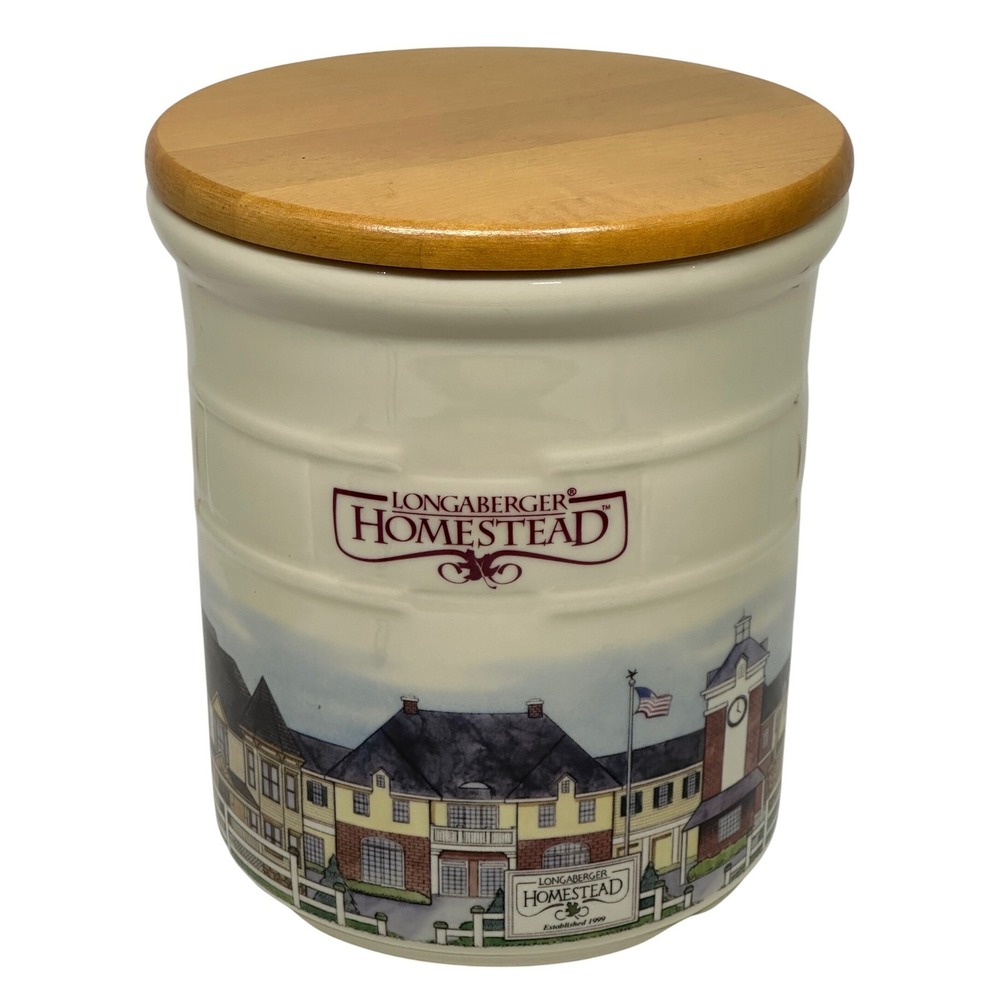 VTG Longaberger Homestead Canister Cream Pottery Wood Lid Farmhouse Kitchen